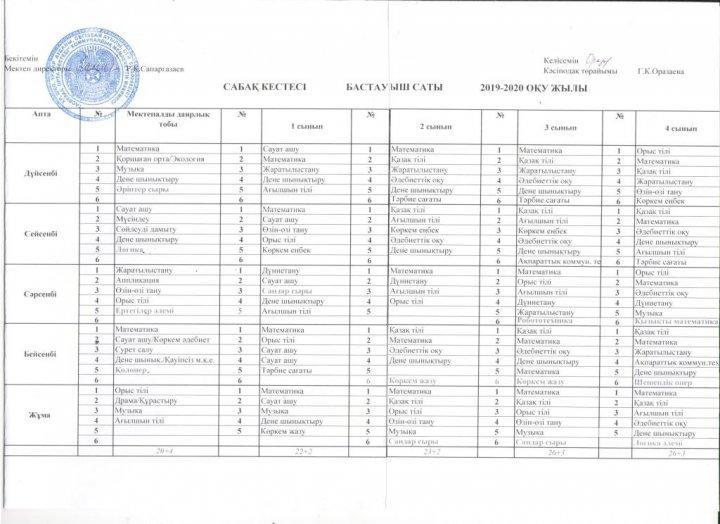 Сабақ кестесі 2019-2020 оқу жылы