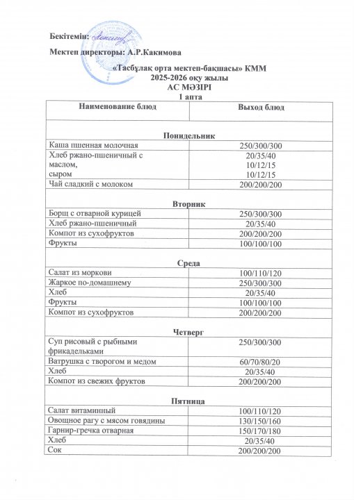 Ас мәзірі 2025-2026 оқу жылы (2025 жыл қыркүйек)